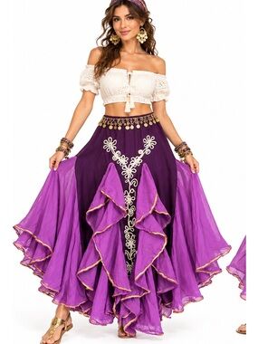 Purple Boho Gypsy Dance maxi Skirt Embroidered Floral Ruffle Asymmetrical XS